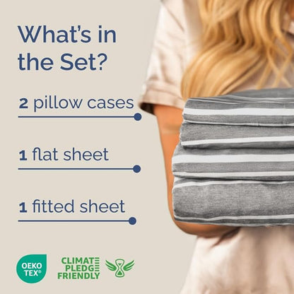 Full XL Bed Sheet Set - 4 Piece Extra Long Extended Full XL Sheets - Soft, Breathable & Cooling - Fits 8" to 16" Mattress with Deep Pockets - 54" x 80" - Wrinkle and Fade Resistant - Grey Stripes 3