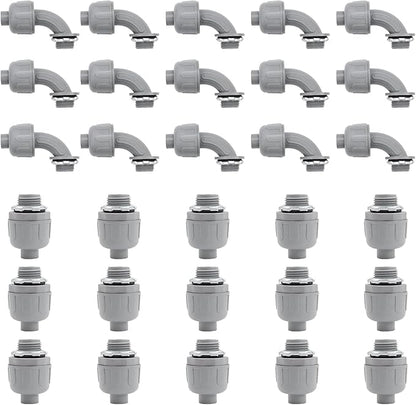 1/2 inch Liquid Tight Connector PVC Flexible Conduit Connector UL Listed Liquid Tight Connector Non-Metallic Electrical Conduit Fittings 30 Pack (15 pcs 180D/15 pcs 90D)