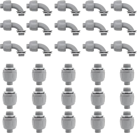 1/2 inch Liquid Tight Connector PVC Flexible Conduit Connector UL Listed Liquid Tight Connector Non-Metallic Electrical Conduit Fittings 30 Pack (15 pcs 180D/15 pcs 90D)