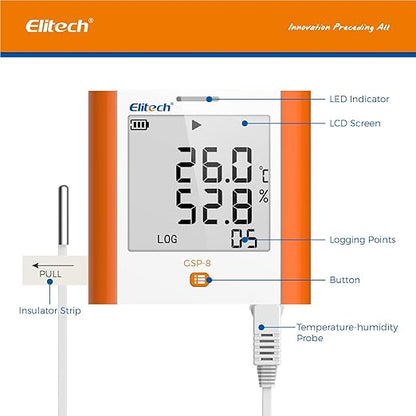 Elitech Digital Temperature Humidity Data Logger Medical Refrigerator Thermometer Vaccine Fridge Temperature Monitor Max Min Value, GSP-8, 10 Pack