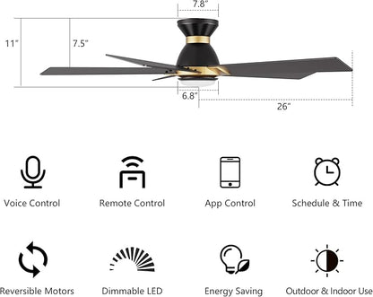 SMAAIR 52 Inch Smart Ceiling Fan with Light and Remote, Flush Mount Modern Ceiling Fan with lights,Compatible with Alexa/Google Assistant/Siri,Timer and Schedule,10 Speed DC Motor,Black/Gold
