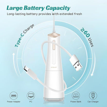 FlossJet Water Dental Flosser Cordless Oral Irrigator with 300ml 5 Tips 4 Modes USBCharger Portable Travle Irrigation Cleaner IPX7 Electric Irrigador Dental for Teeth Cleaning (White)