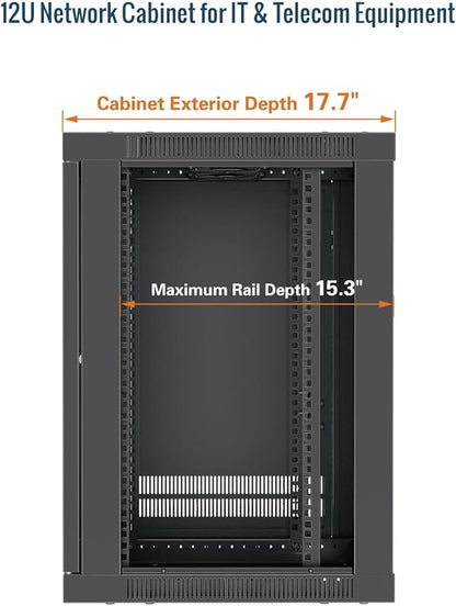 Tecmojo 12U Wall Mount Rack Cabinet, Heavy-Duty 176 Lbs High Load Capacity, 19” Enclosed Server Network Rack with Glass Door, 17.7” Deep – Elite Collection