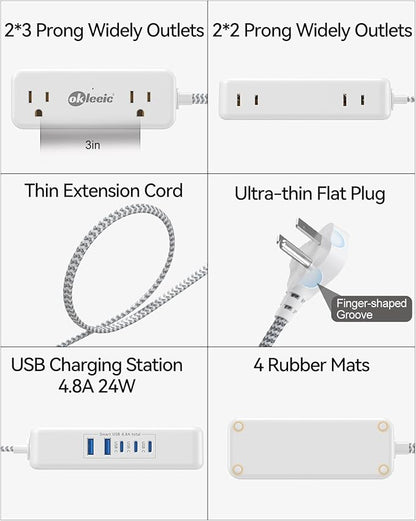 Power Strip with USB C, Small Extension Cord with 4 Outlets & 2 USB-A and 3 USB-C Ports 4.8A/24W Charging Station, 3 Ft 2 Sides Outlet Extender Non Surge Protector for Cruise Ship Travel Office Dorm