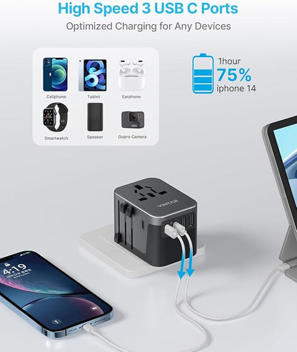 Universal Travel Adapter, VINTAR International Power Adapter with 6A 3 USB C and 2 USB Ports, All in One Travel Essentials Plug Adapter, Worldwide Outlet Converter for Europe UK USA AUS(Type C/G/A/I)