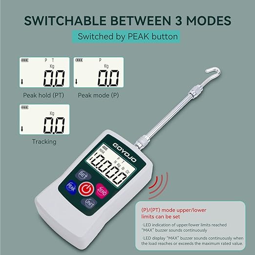 GOYOJO Digital Force Gauge High-Precision Push-Pull Meter for Tension & Compression Testing Units (N, kg, lb, oz) Real-Time/Peak/First Peak Modes Ideal for Quality Control & Material Testing (5N)