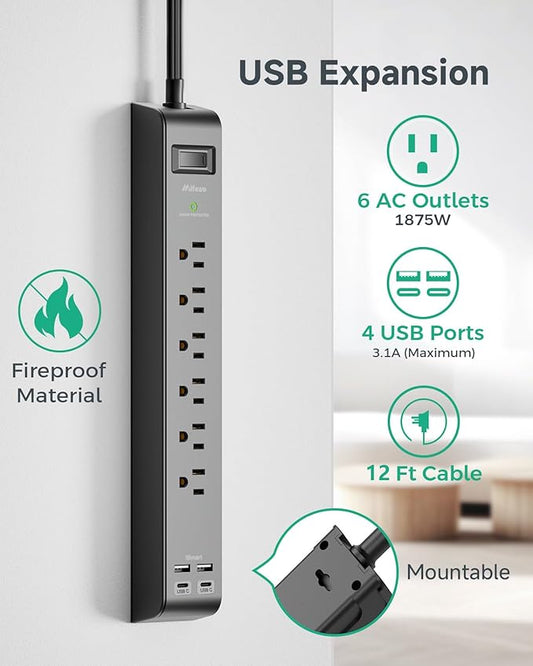 2 Pack Surge Protector Power Strip with 6 Outlets 4 USB Ports (2 USB C) 12-Foot Extension Cord Flat Plug 900 Joules 15A Circuit Breaker Wall Mount Desk USB Charging Station for Home Office