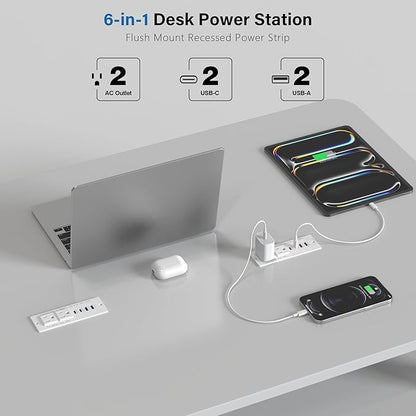 Recessed Power Strip Fast Charging Station 2 PD 65W USB C, Flush Mount Countertop Drawer Outlet, Furniture Hidden Charging Station for Side Table, End Table,2 AC Outlets (White, 6 FT Cable)