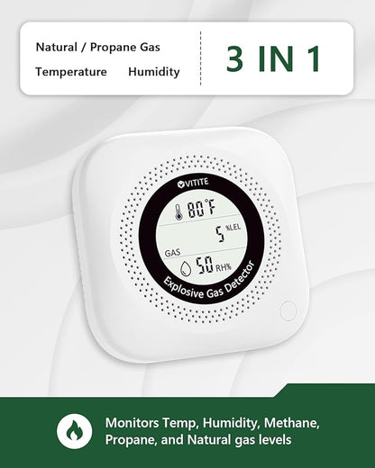 3 in 1 Natural & Propane Gas Detector, Plug in Natural Gas, Propane, Temp, Humidity and Explosive Gas Alarm; Design for Home, Apartment & RV; with LCD Screen (White)