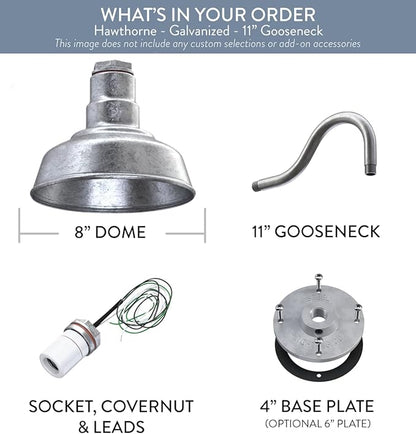 Steel Lighting Co. Hawthorne Barn Light | Outdoor Wall Mounted | 8 inch Dome | 11 inch Gooseneck| Small Farmhouse Light Made in America | Galvanized Exterior/Galvanized Interior
