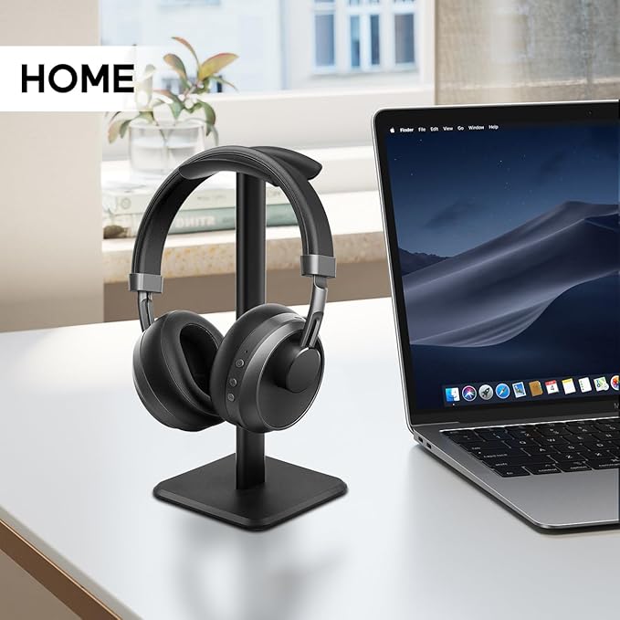 JIKIOU Headphone Stand Gaming Headset Holder Universal Aluminum Metal Headphones Holder Hanger with Aluminum Supporting Bar Flexible Headrest ABS Solid Base for All Headphone 2 Pack (Black)