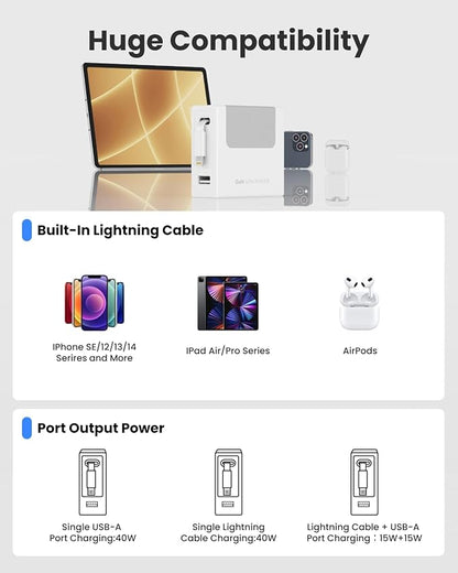Portable Charger Block, Retractable Wall Charger, 40W PD Fast Charging Block with 31.5in Lightning Cable, Power Adapter with Foldable Plug for iPhone14/13/12, White
