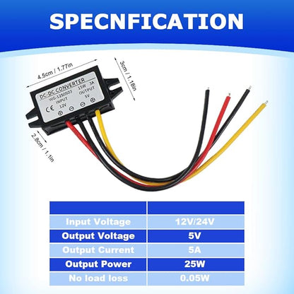 2Pcs 12/24V to 5V 5A 25W DC-DC Step Down Converter, Power Supply Adapter Compatible with Solar Panel, Waterproof Voltage Regulator Car Charging Transformation