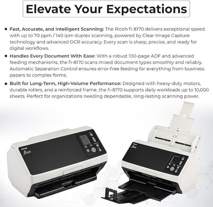 Fi-8170 Professional High Speed Color Duplex Document Scanner - Network Enabled, Scanner High Volume with Power Adapter + USB 3.2 Cable + Microfiber Cloth Included