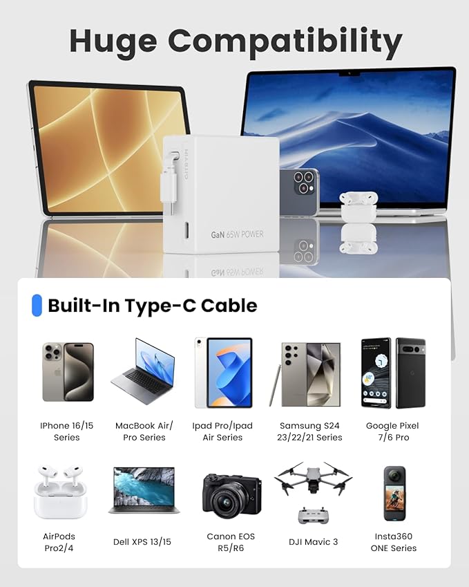 65W USB C Retractable Wall Charger with Built-in Type-C Cable, Portable Fast Charger Block with Foldable Plug, Compatible for Laptop, MacBook Pro/Air, iPhone 16/15, Galaxy S25, Pixel, iPad