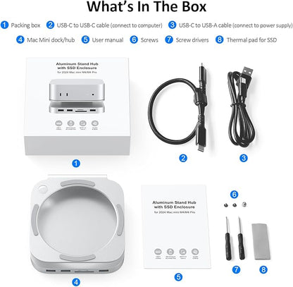 Akyyajaure Mac mini Hub: 9 in 1 Aluminum Stand & Dock for Mac mini M4 Pro with M.2 NVMe SSD Enclosure, 10Gbps USB-A*2, SD/TF Card Readers, USB 2.0