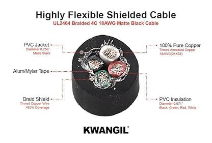KWANGIL 4C 18AWG AMSB Shielded Cable Wire (UL2464) - Highly Flexible Str TC, PVC Ins, OS+TC BRD, PVC JKT for CNC Machine, Stepper Motor, VFD Spindle (Matte Black 100FT)