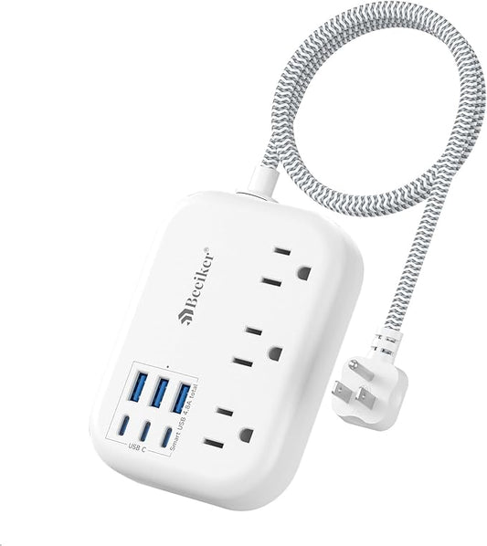 Beeiker Short Extension Cord 2 Foot- 6 USB(3 USB C) Travel Power Strip with 24W USB Charging Station and 3 Outlets, 2ft Small Flat Plug Extension Cord Surge Protector for Travel Home College Dorm 13A