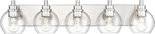 METWET Bathroom Light Fixtures, 5 Light Brushed Nickel Vanity Light, 32 Inch Modern Wall Sconces with Globe Clear Glass Shade, Vanity Lighting Fixtures Over Mirror, VL195-BN-CL-5