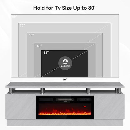 oneinmil 36" Electric Fireplace Integrated TV Stand - 70" 2-Tier Console for TVs up to 80", Ideal for Living Room Settings, Gray