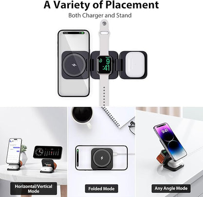 Fast Wireless Charger, Magnetic Foldable 3 in 1 Charging Station for iPhone 16/15/14/13/12/Pro/Plus/Pro Max, 5W Portable Charger for Apple Watch10/9/8/7/6/5/4/3/SE, for Airpods3/2/Pro-Black