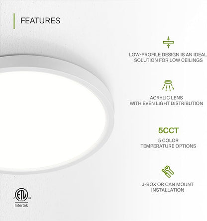 ASD LED 9" Round Flush Mount Ceiling Light Fixture, Low Profile Surface Lighting | 5CCT, Dimmable, Ultra-Thin, ETL Listed | 18W 1660LM 2700-6000K 120V | Kitchen, Bedroom, Hallway Lamp | White