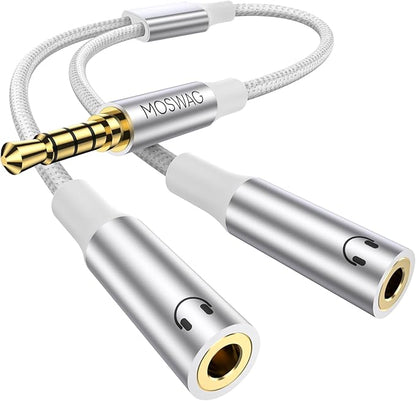 MOSWAG Headphone Splitter, 3.5mm Stereo Audio Splitter, Hi-Fi Sounds Extension Cable Audio Stereo Y Splitters, 3.5 mm Male to 2 Female (TRRS - 4 Pole) for Apple, Samsung, Tablets, Laptop, PC, Etc.