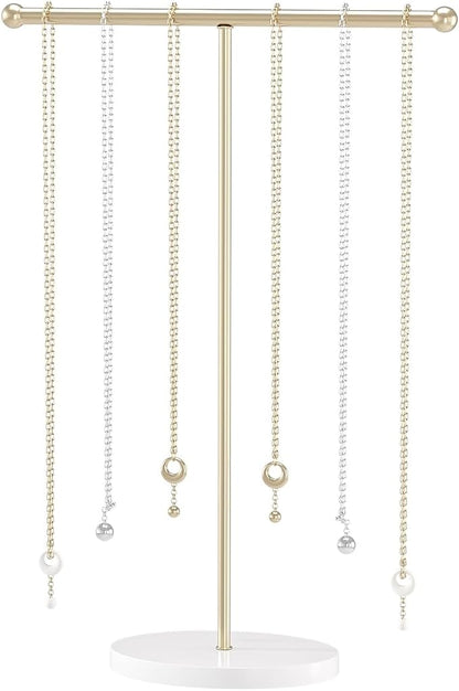 Justsoso Metal T-Bar Necklace Holder Stand, Necklace Hanging Display Stand, Tabletop Jewelry Organizer Stand for Necklace Bracelet Earring Display (Gold With Solid Acrylic Base)