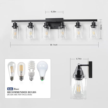DIKAIDA 6-Light Black Vanity Lights 38'' Modern Bathroom Vanity Lighting Fixtures Above Mirror， Industrial Matte Bathroom Light Fixtures, Bath Wall Light Fixtures, Black Wall Sconces