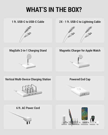 Scosche BaseLynx 2.0 Pro Modular Charging Station: MagSafe Wireless Stand for iPhone, AirPods Charging Pad, Multi Device Phone Charger, Apple Watch Charger & Powered End Cap AC Outlet with USB-C Port