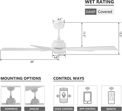 SMAAIR Smart Ceiling Fan with Light, 60inch Indoor and Outdoor ceiling fan with Remote, Compatible with Alexa/Google Assistant/Siri Shortcut, App control with Timer and Schedule(White)
