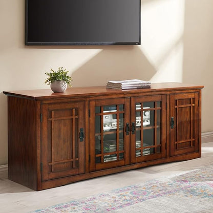 Leick Home 82360 Solid Wood Mission Oak Four Door TV Stand For 65" TVs Universal TV Console Living Room Storage Shelves Entertainment Center, Mission Oak