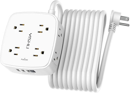 20 Ft Surge Protector Power Strip - 8 Widely Outlets with 4 USB Ports, 3 Side Outlet Extender with 20 Feet Extension Cord, Flat Plug, Wall Mount, Desk USB Charging Station, ETL, White