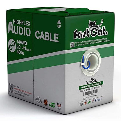 fast Cat. Speaker Wire 14 Guage 2C, UL Listed & CMR/CL3R-FT4 Rated - Speaker Cable w/PVC Jacket, 100% Oxygen-Free Pure Bare Copper - (41) HighFlex 14 Guage Wire - in-Wall Use-500ft Bulk Cable, Blue