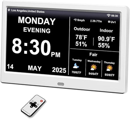 2025 Digital Clock with Weather Forecast & Temperature/Humidity Large Display,Auto Time Sync, Custom Alarms & Medication Reminders, Elderly Memory Loss (White, 10.1 Inch)