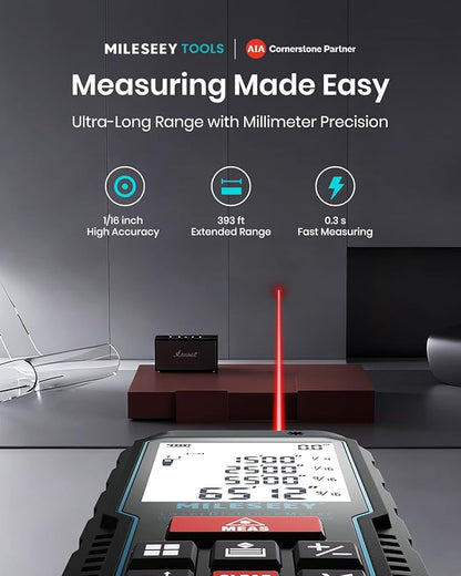 Laser Measure Device, MiLESEEY 393ft Digital Laser Tape Measure with Upgrade Electronic Angle Sensor, 2mm Accuracy, Area Measurement,Volume and Pythagoras, 2" LCD Backlit,Mute, Battery Included