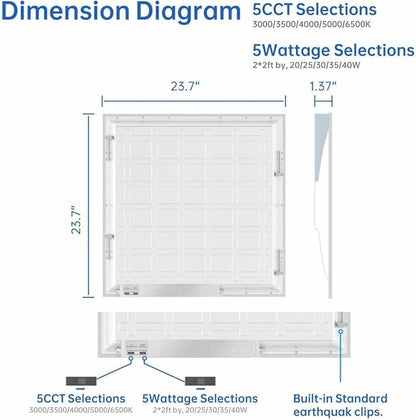 2x2 LED Light Flat Panel, 20/25/30/35/40W, 5 Color Temps 3K/3.5K/4K/5K/6.5K, Dimmable Recessed Drop Ceiling Lights, 2500-5000 Lumens, Lay in Fixture for Office, 120-277V, ETL DLC (6, Pack)
