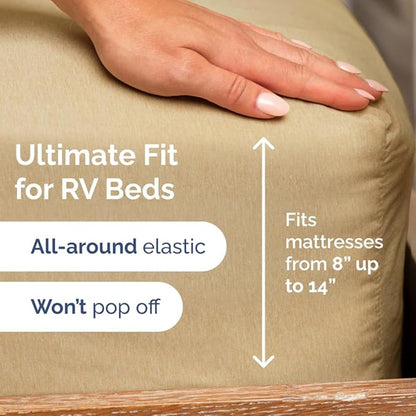 RV Short Queen Sheet Set 60 X 75 - 4 Piece RV Short Queen Bed Sheets - Soft, Breathable & Cooling - Designed for Bunks, Trailers & Campers - Fits 8” to 12" Mattress - Luxury Bedding - Heathered Tan