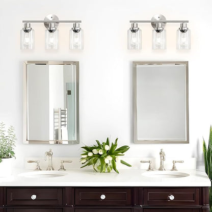 Guliaofo 3-Light Brushed Nickel Vanity Lights, E26 Modern Bathroom Light Fixtures with Clear Glass Shade, Wall Lamps for Mirror Kitchen Hallway Cabinet Living Room Sconces Lights