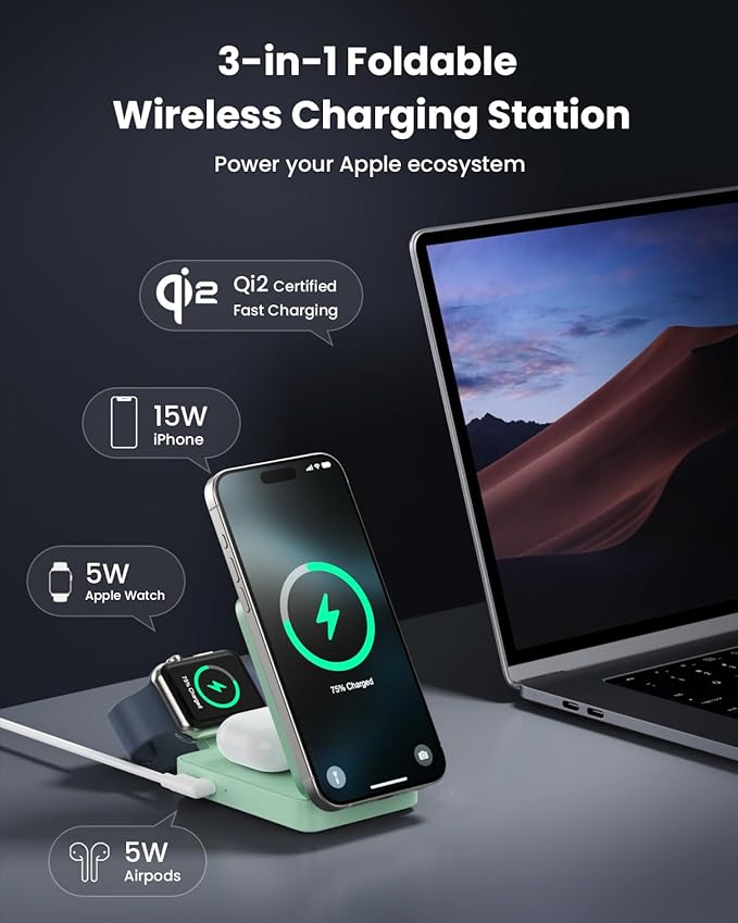 3-in-1 Wireless Charger Charging Station for iPhone, Qi2 Certified 15W Fast Charging Foldable Magnetic Charger Stand with 30W USB C Adapter for MagSafe iPhone 16/15/14/13/12, Apple Watch, AirPods
