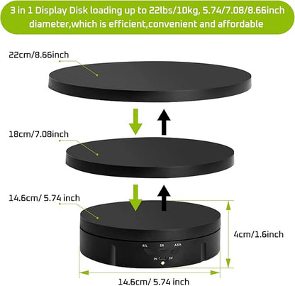 JAYEGT 3 in 1 Motorized Rotating Display Stand with 5.74/7.08/8.66 inch Replacement Cover，Max 22lbs Load , 3D Models, Cake -Black