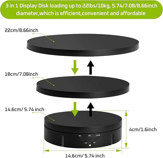 JAYEGT 3 in 1 Motorized Rotating Display Stand with 5.74/7.08/8.66 inch Replacement Cover，Max 22lbs Load , 3D Models, Cake -Black
