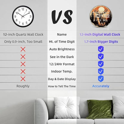 Timethink 12'' Deer Digital Wall Clock with LED Display, Woodland Forest Cabin Rustic Electric Wall Clock Smart Dimming, Date, 12/24hr, Temperature, USB Powered for Christmas Farmhouse Hunting Decor