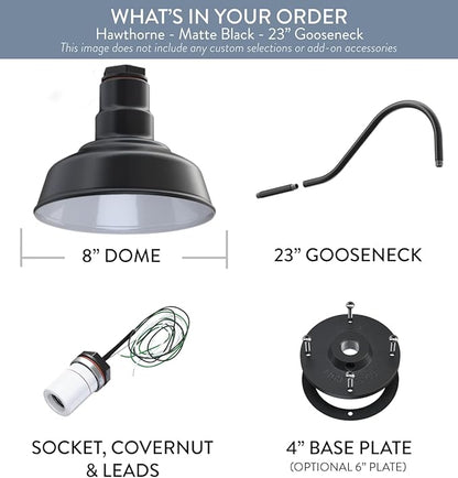 Steel Lighting Co. Hawthorne Barn Light | Outdoor Wall Mounted | 8 inch Dome | 23 inch Gooseneck| Small Farmhouse Light Made in America | Matte Black Exterior/White Interior