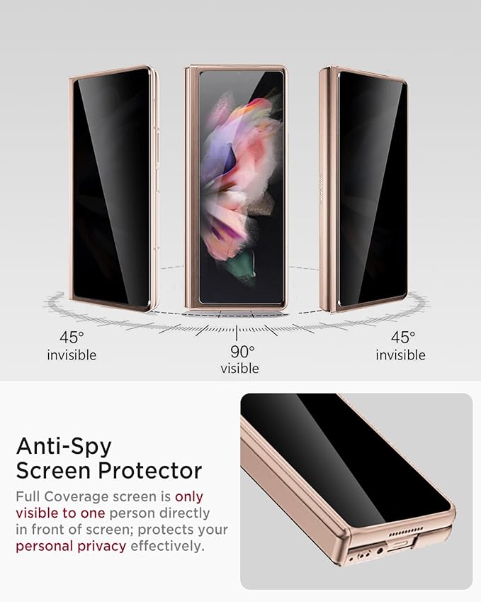 Miimall for Samsung Fold 3 Case with Privacy Screen Protector, Built-in Adjustable Kickstand & Magnetic Hinge & Camera Lens Protective All-Inclusive Phone Case for Galaxy Z Fold3 5G Champagne Gold