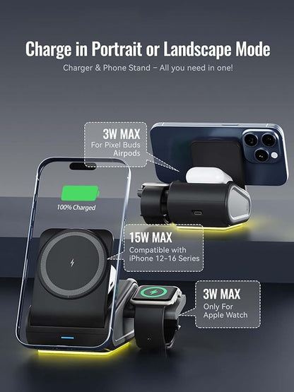 4 in 1 Wireless Charger for iPhone, Mag-Safe Charger for iPhone 16/15/14 Series, Airpods Pro 2, iWatch Series 10/9/8/7, Foldable Charging Station for Apple Multiple Devices