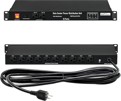 ThePoEstore 1U PDU Network Servers Surge Protector Power Distribution Unit 12-Outlet, 120V 20A, 3600 Joules 10KA,19″ Rack Mount Power Strip,Heavy-Duty 12AWG 16 ft Cord,w/AC Filter