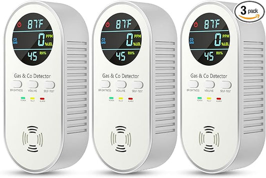 Carbon Monoxide Detectors Plug in & Gas Leak Detector, Travel Carbon Monoxide Detector with Battery Backup - Brightness & Volume Adjustment Temperature & Humidity for Home/RV/Travel/Camping (3 Packs)