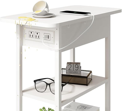 LIDYUK End Table with Charging Station, Set of 2 Flip Top Narrow Side Table for Small Spaces, Nightstands Set of 2 for Bedroom, End Tables Living Room with Storage Shelves, White