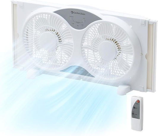 Comfort Zone Twin Window Fan with Remote Control, Removable Cover, Reversible, 9 inch, 3 Speed, 3 Function, Expandable, Exhaust, Airflow 8.40 ft/sec, Ideal for Home, Kitchen, Bedroom & Office, CZ310R
